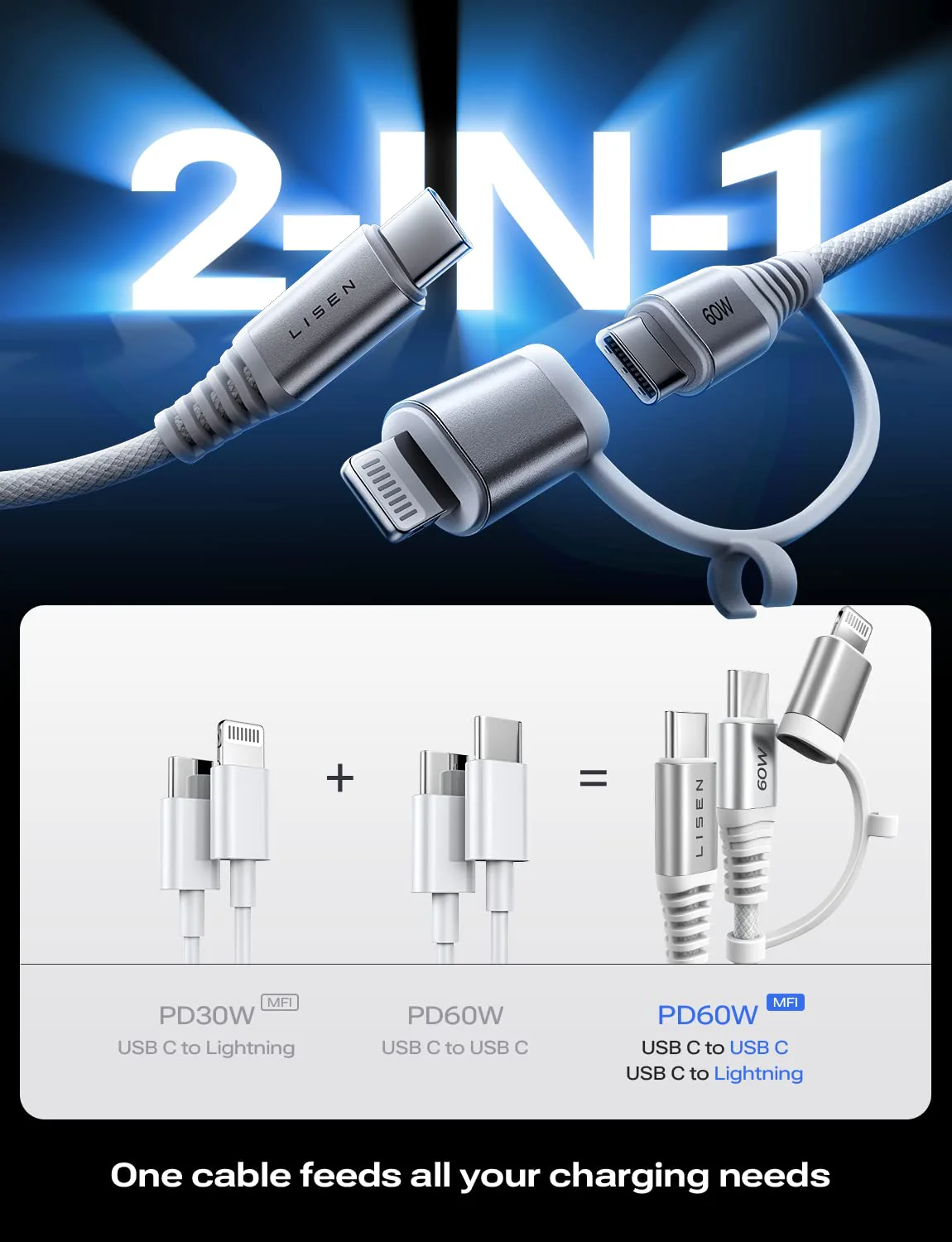 Lisen 2-in-1 USB C to C/Lightning Cable - Image 3