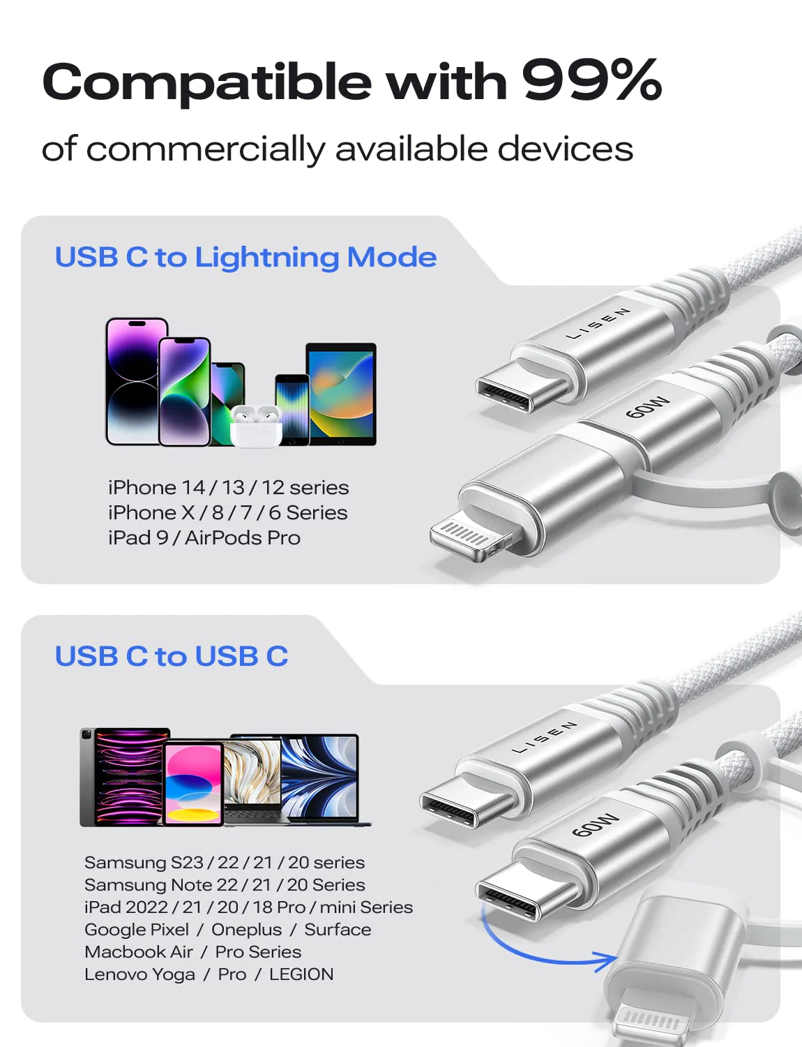 Lisen 2-in-1 USB C to C/Lightning Cable - Image 5