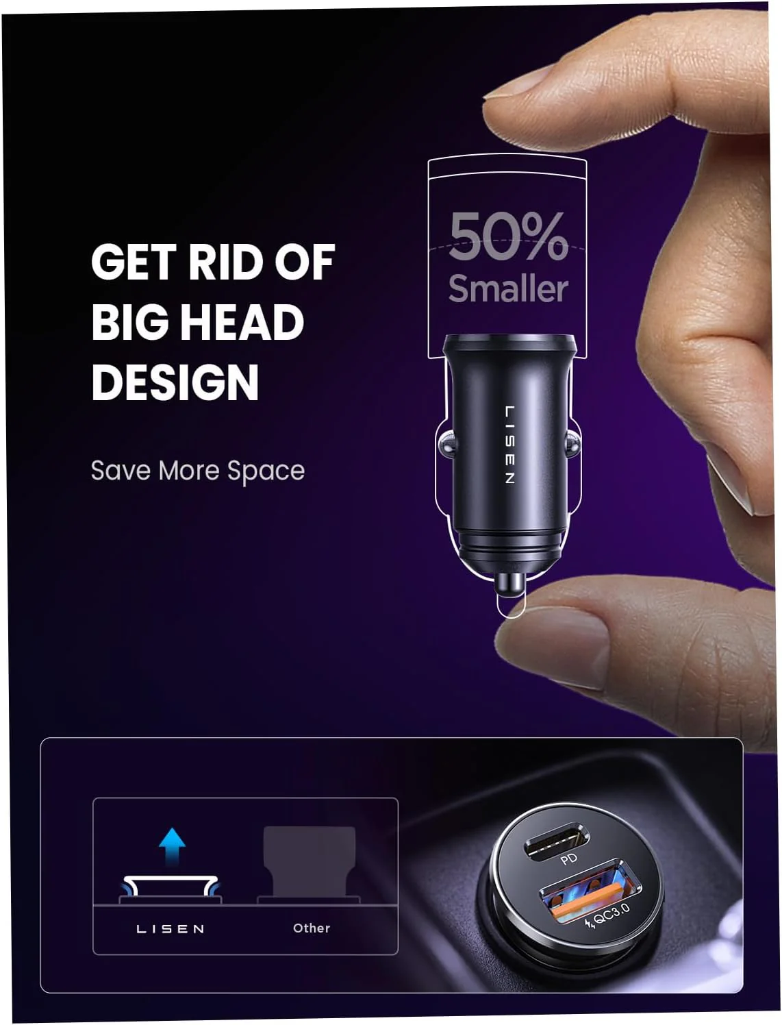 LISEN 54W USB C Car Charger Adapter [Mini & Metal] Cigarette Lighter USB Charger Fast Charging [PD QC 3.0] USBC Car Phone Charger for iPhone 15 Pro Max Plus 14 Samsung Galaxy S24 iPad Pro - Image 7