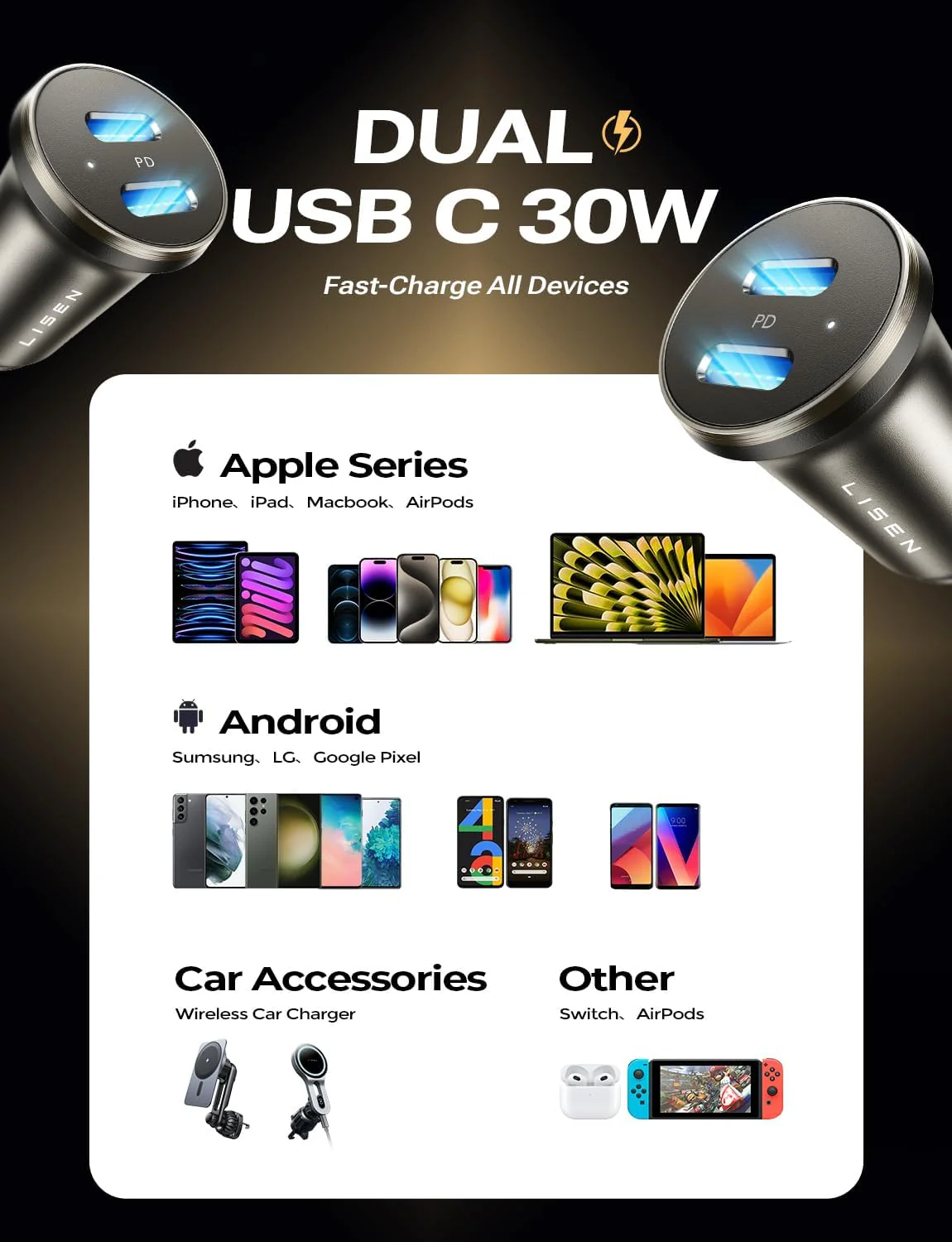 LISEN USB C Car Charger Adapter, 60W Dual Port QC 3.0 Type C Adapter, Car Phone Charger Fast Charge USB C Cigarette Lighter Adapter for iPhone 15 14 13 12 X XS Pro Max Mini, Samsung Galaxy iPad Pro - Image 5